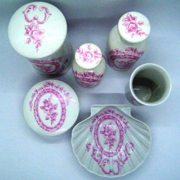 Vintage Porcelaine de Paris 6 pc Bathroom Vanity Set Soap Dish Jars Cup - Picture 3 of 5